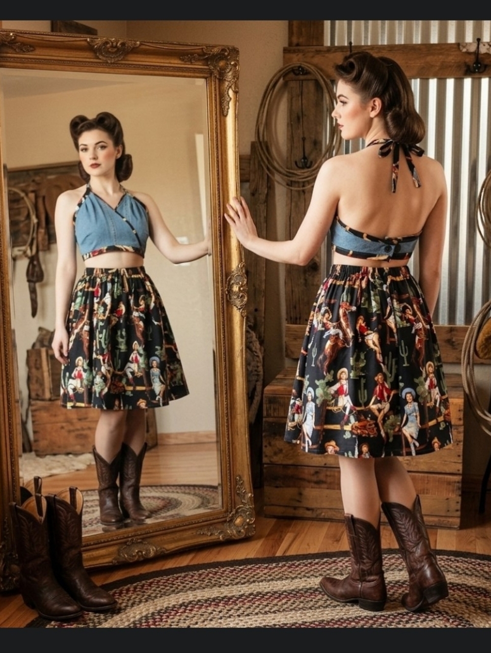 2 pc rockabilly outfit 50s cowgirlcore 12-14 handmade pinup denim